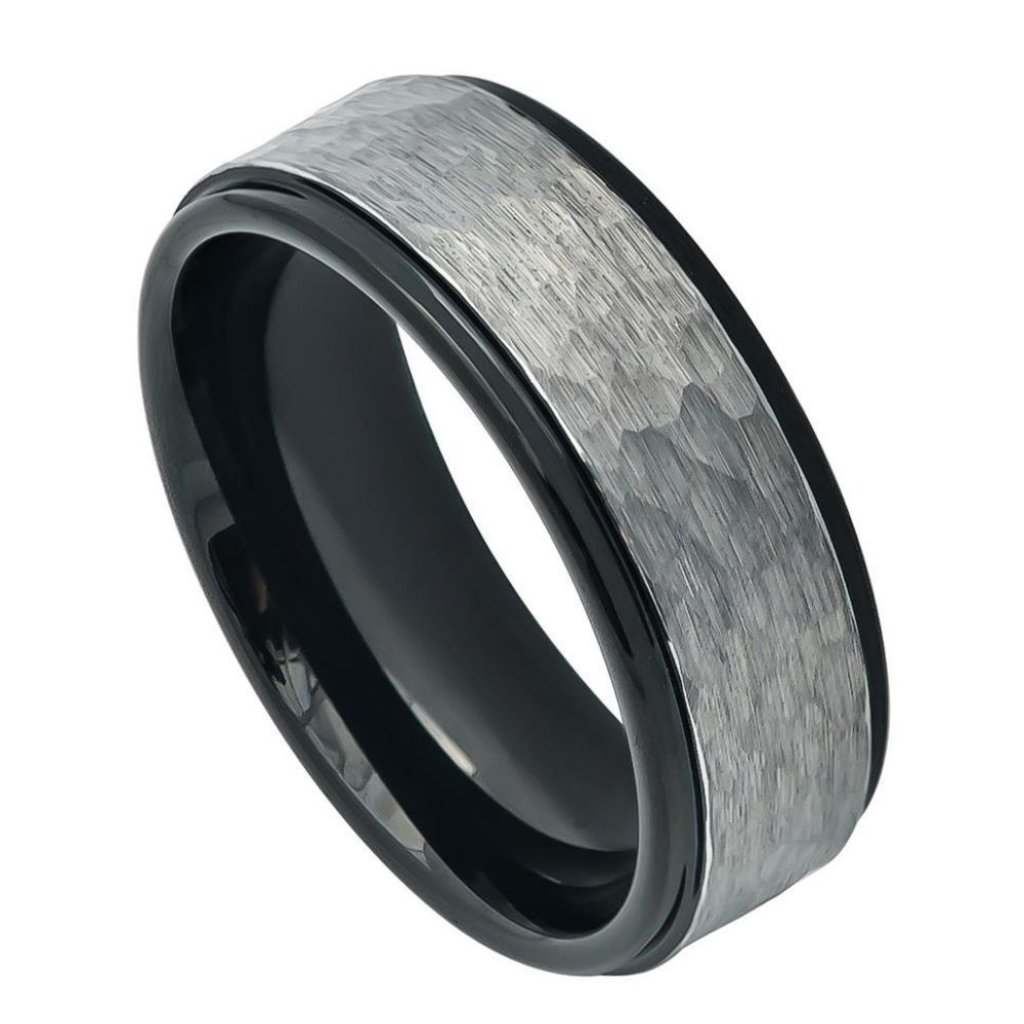 8mm Black And Silver Hammered Tungsten Mens Wedding Band